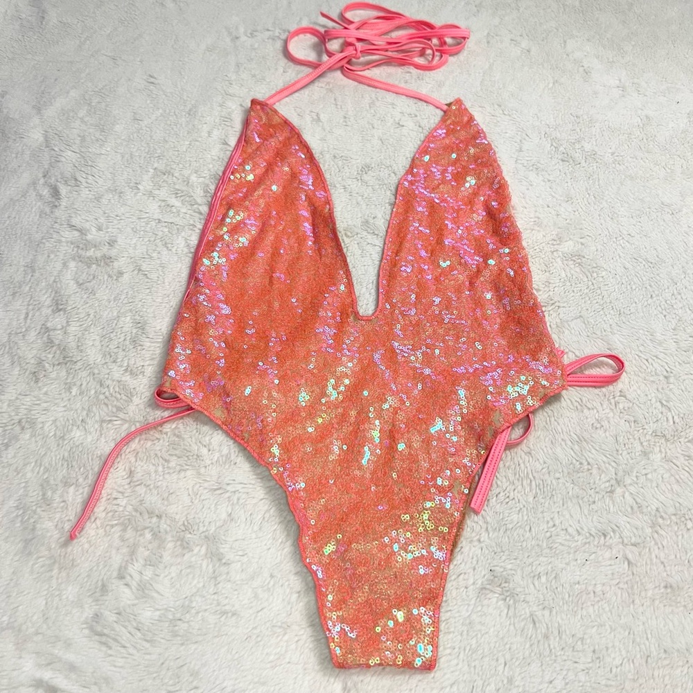 La Costanera Coral Pink Sequin Halter Plunge One-Piece Swimsuit One Size